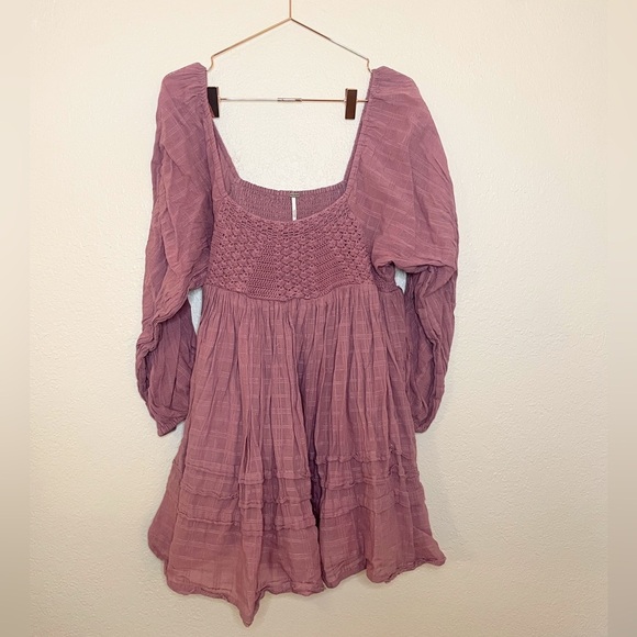 Free People Dresses & Skirts - Free People Ari Mini Dress L Dried Currant Pink Crochet Smocked Boho